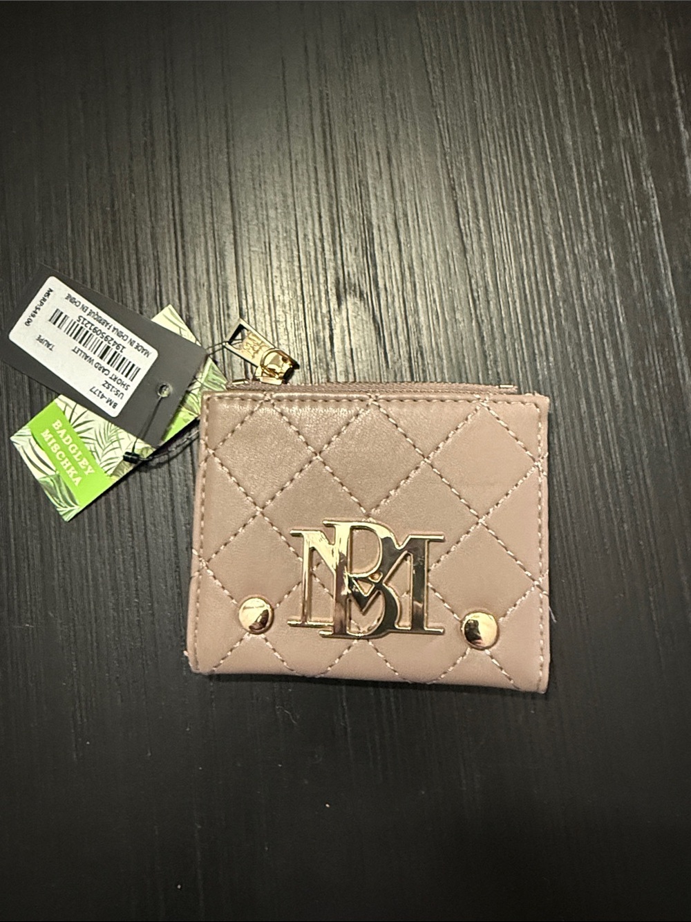 Bartley Mischka Quilted Pink Logo Card Wallet with Gold Hardware